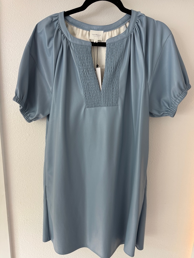 Sundays Light Blue Smocked V-Neck Short Sleeve Dress Vegan Leather
